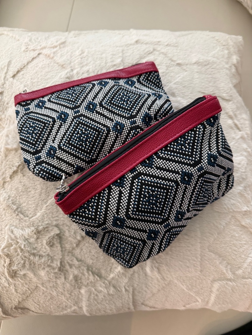 Geometric Cosmetic Pouch in Navy, Red, Black & White